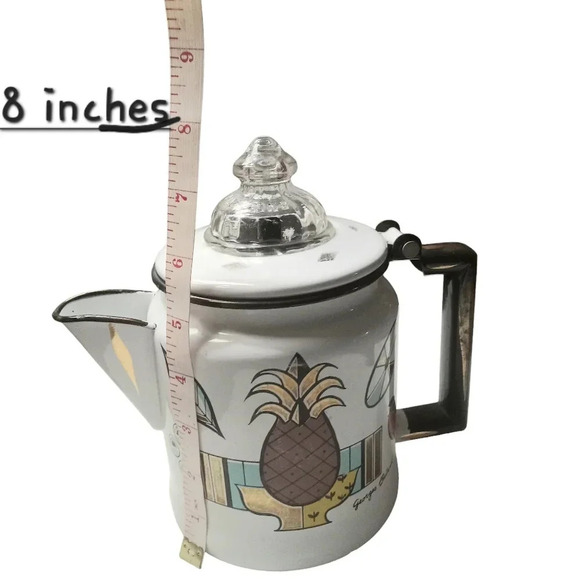 Vintage Georges Briard Ambrosia Enamel Coffee Pot Percolator Fire King Glass Top - Picture 9 of 9